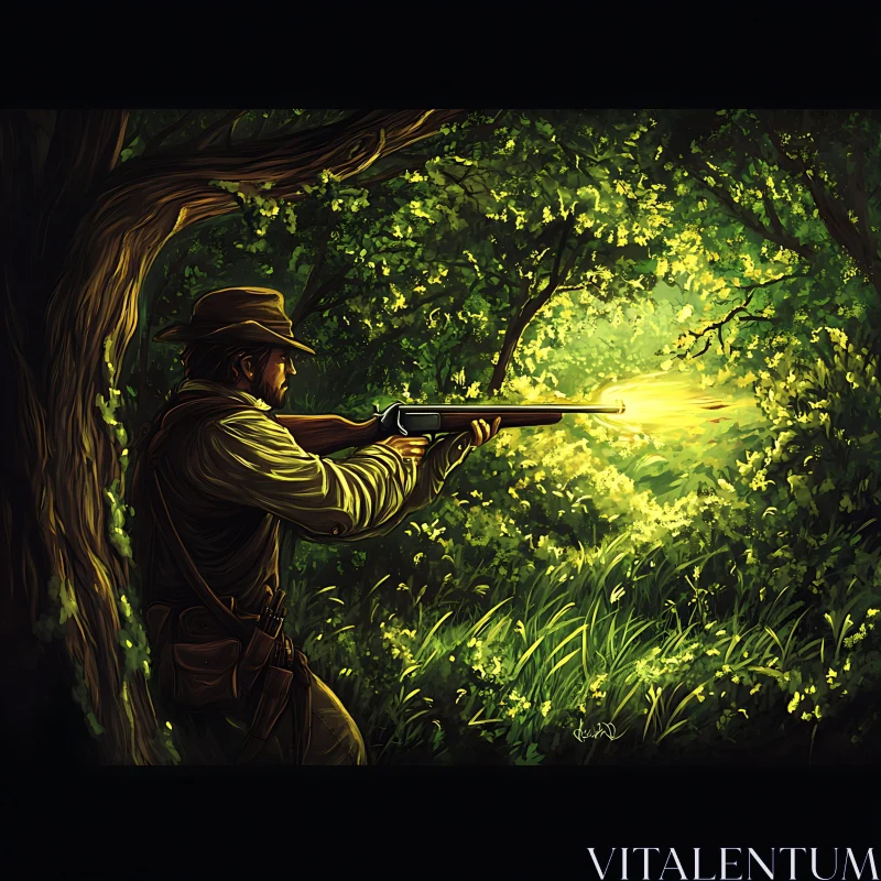 AI ART Woodland Hunter with Firing Rifle