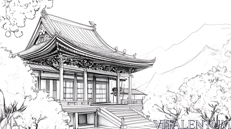 AI ART Monochrome Asian Temple Architectural Drawing