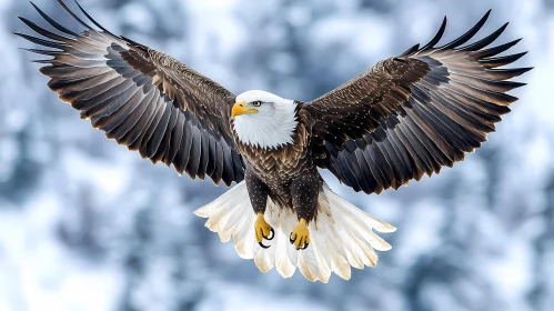 Bald Eagle Soaring in Snowy Landscape