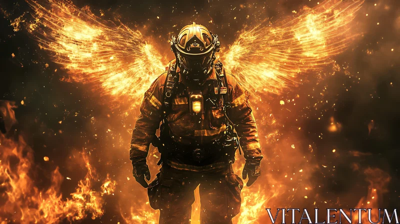 Fiery Guardian: Firefighter with Flaming Wings AI Image