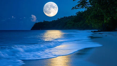 Nighttime Coastal Beauty with Full Moon and Sea