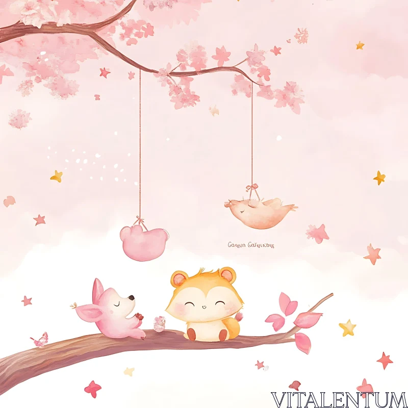 Adorable Animal Companions in Pastel Cherry Blossom Setting AI Image