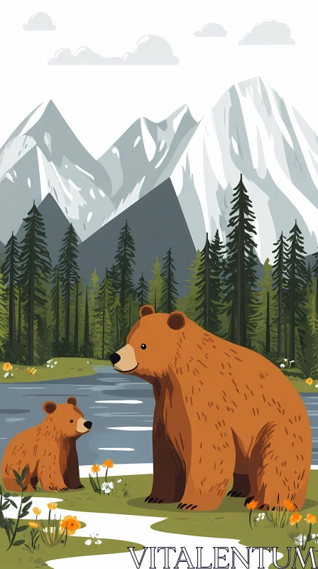 AI ART Mountain Bears and Lake Illustration