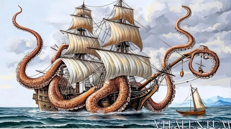 Intense Encounter: Massive Octopus vs. Sailing Ship AI Image