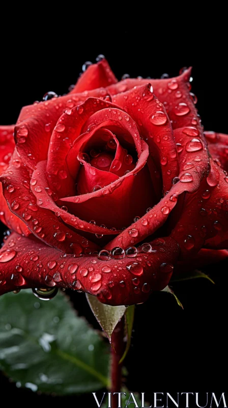 Monochromatic Red Rose with Water Droplets - Romantic and Mysterious AI Image
