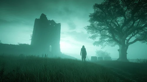 Mysterious Landscape with Ruined Castle and Lone Figure