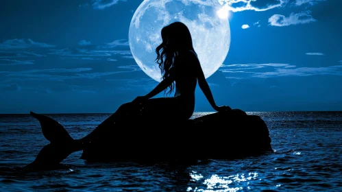 Serene Mermaid Sitting on a Rock in the Ocean with a Full Moon