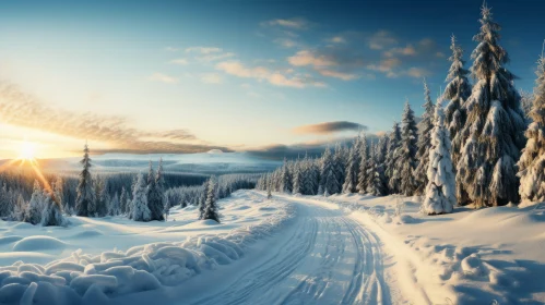 Serene Winter Landscape with Snowy Road and Sunrise