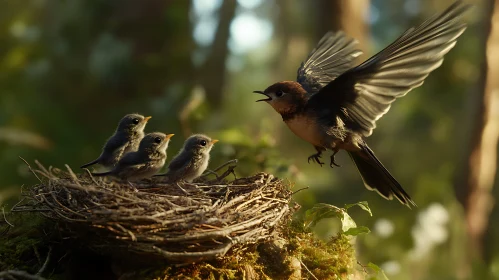 Avian Family Scene: Mother Bird and Chicks
