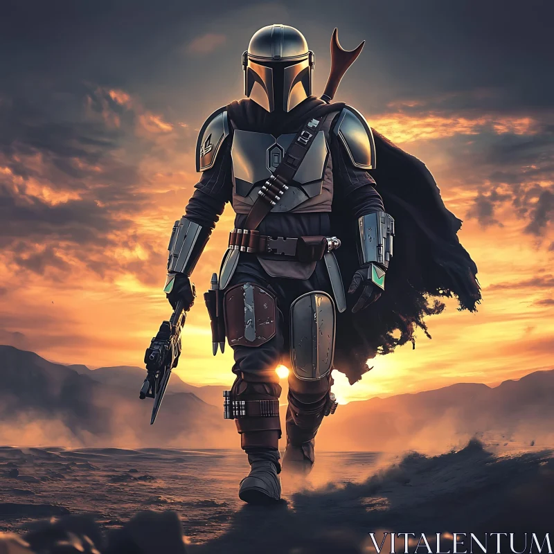 Armored Figure at Sunset AI Image