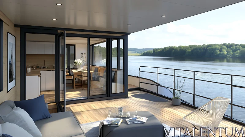 Contemporary Houseboat Design with Open-Plan Living Area and Deck AI Image