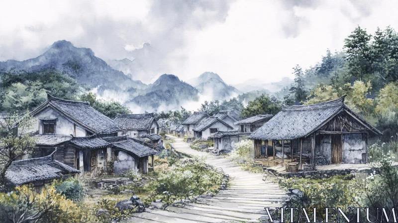 Misty Mountain Village Art AI Image