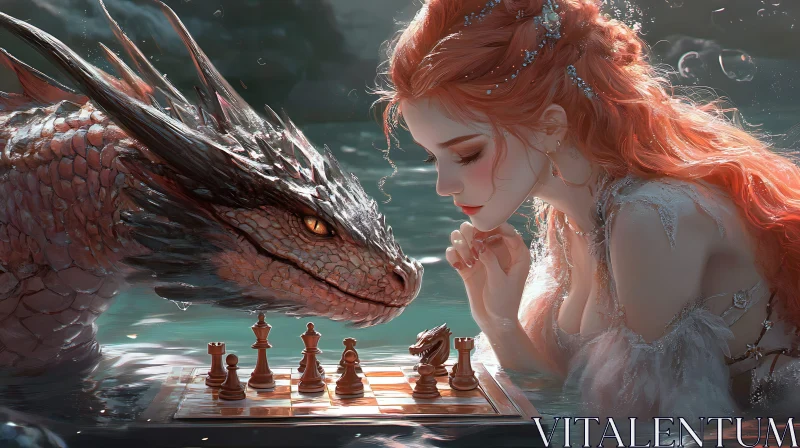 AI ART Chess Match Between Woman and Dragon