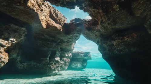 Sunlit Rock Formations in an Underwater Cave