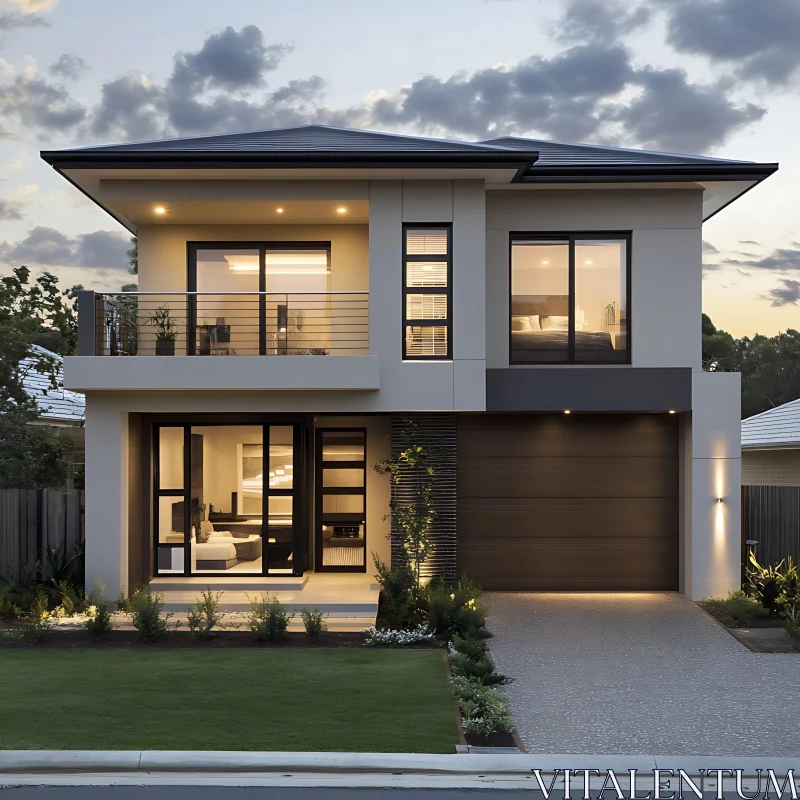 Contemporary Two-Story Home with Balcony and Large Windows AI Image