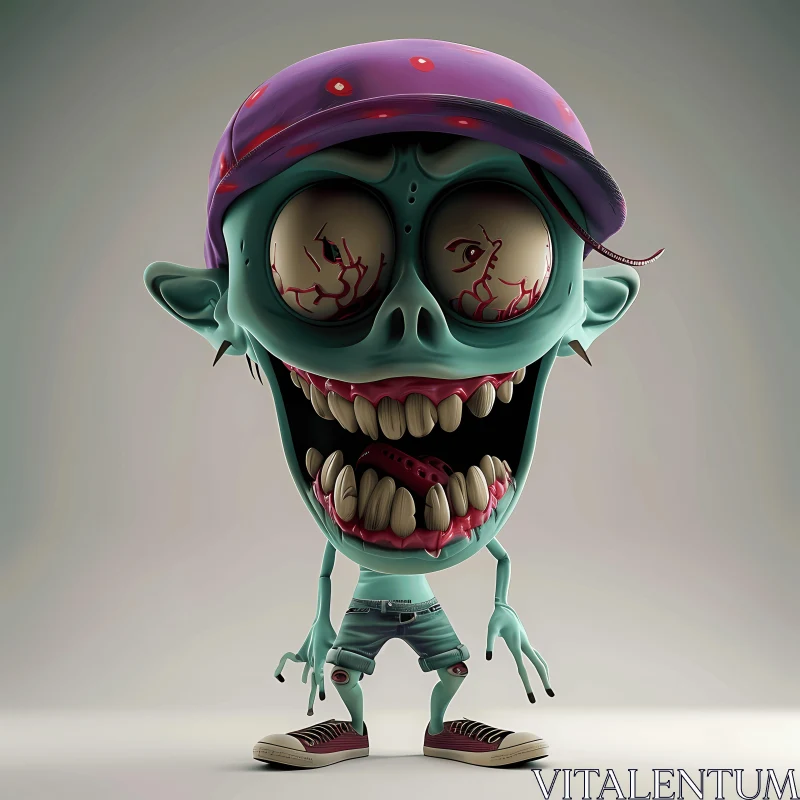 3D Cartoon Zombie in Purple Hat and Red Sneakers AI Image