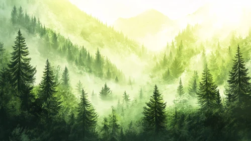 Morning Mist in a Mountain Forest