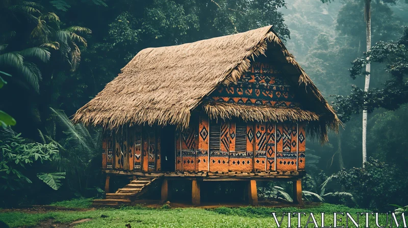 Thatched Roof Hut in Tropical Jungle AI Image