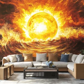 Fiery Sun and Waves Mural in Cozy Living Space