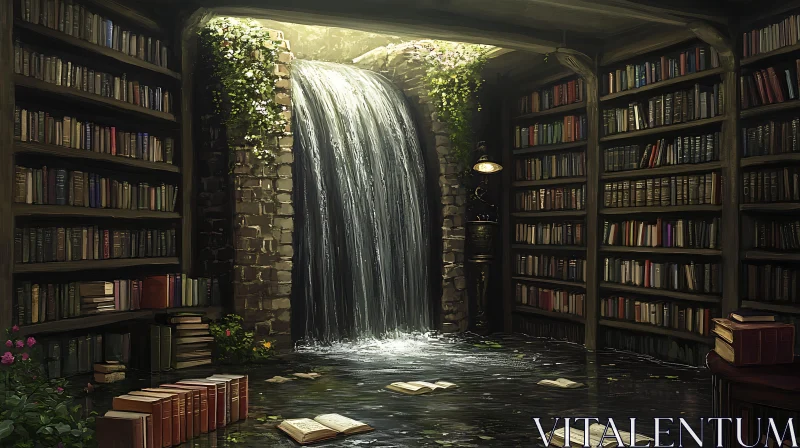 AI ART Waterfall in Library: A Reading Oasis