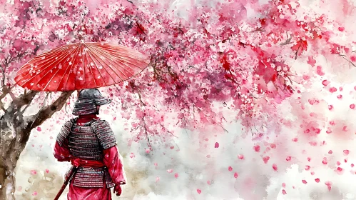 Watercolor Samurai with Red Umbrella Painting