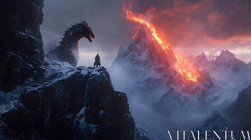 Warrior and Dragon at Fiery Peak AI Image