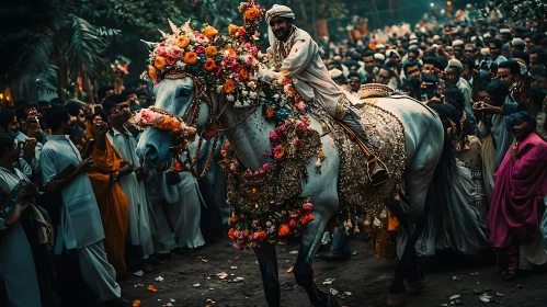 Man on Horse with Flowers in Crowd