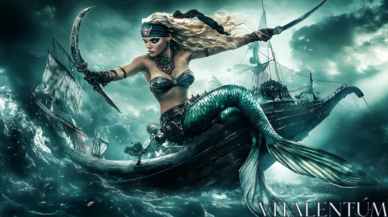 Ocean's Fury: Mermaid Pirate AI Image