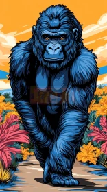 Illustration of Blue Gorilla in Colorful Jungle