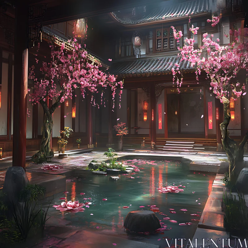 Tranquil Asian Garden with Pink Blooms AI Image