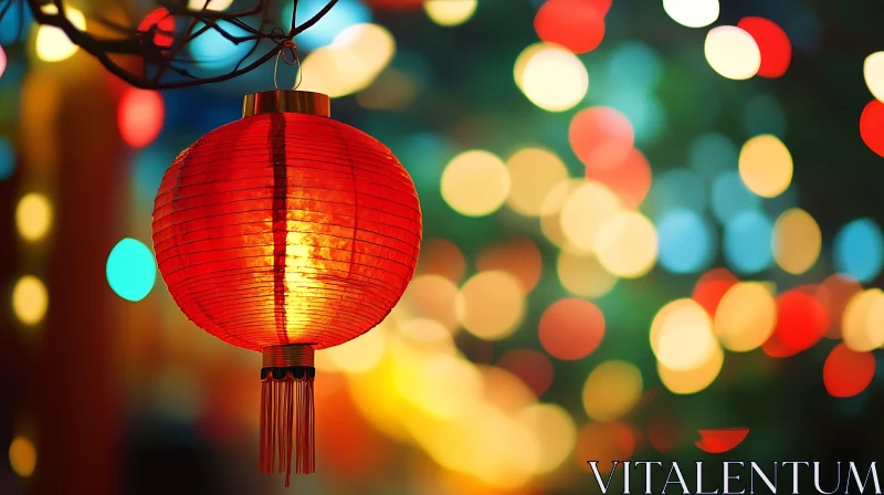 Illuminated Red Lantern with Bokeh Effect AI Image