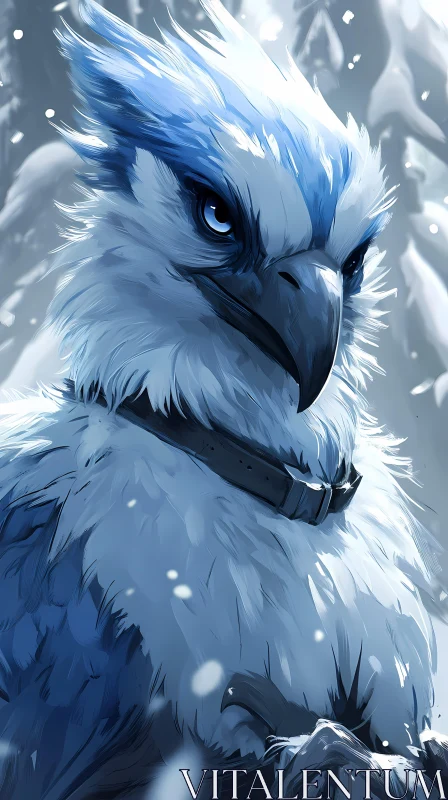 AI ART Regal Blue Bird Amidst Falling Snow