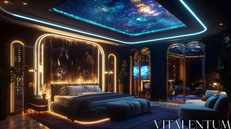 Modern Bedroom with Celestial Ceiling AI Image