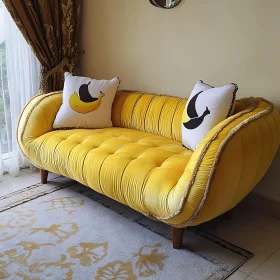 Stylish Plush Yellow Sofa with Banana Accent Pillows