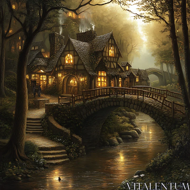 Mystical Forest Cottage by River AI Image