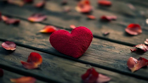 Red Heart on Wood with Rose Petals