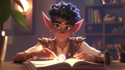 Elf Reading a Book with Magic Orb