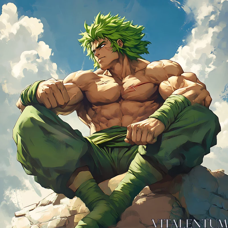 Green Haired Warrior on Stone AI Image