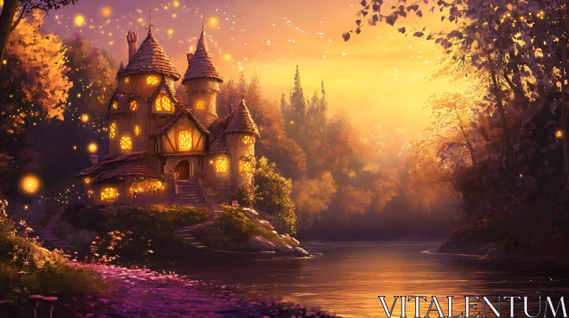 Riverside Castle at Sunset AI Image