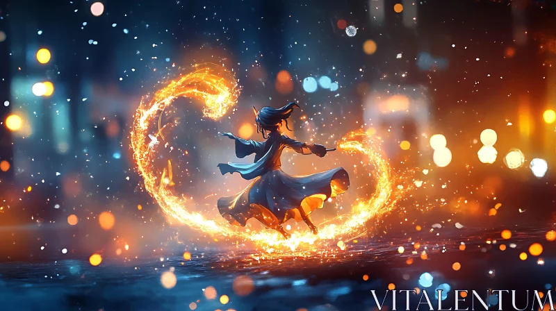 AI ART Magical Night Scene with Woman and Fire