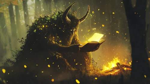 Mystical Creature Reading in Dark Forest