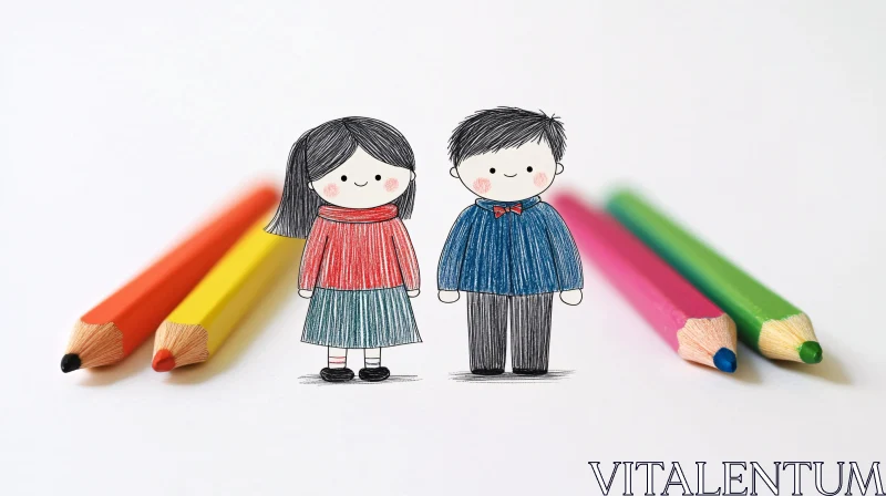 Illustration of Children with Colored Pencils AI Image