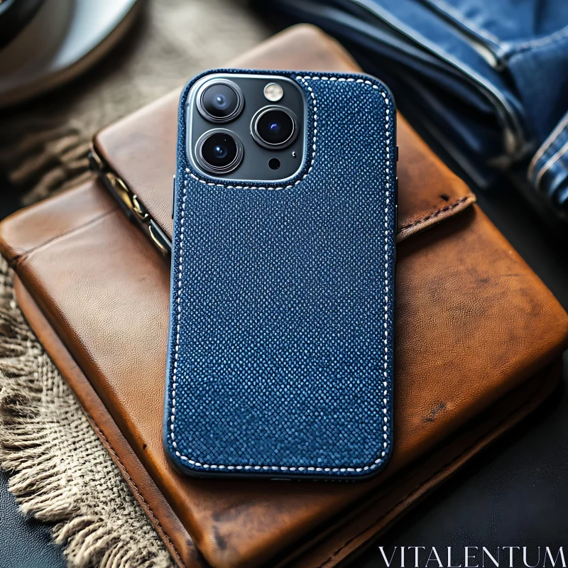 Chic Blue Phone Cover with White Stitching AI Image