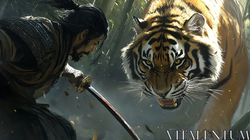 AI ART Warrior Confronts Tiger in the Forest