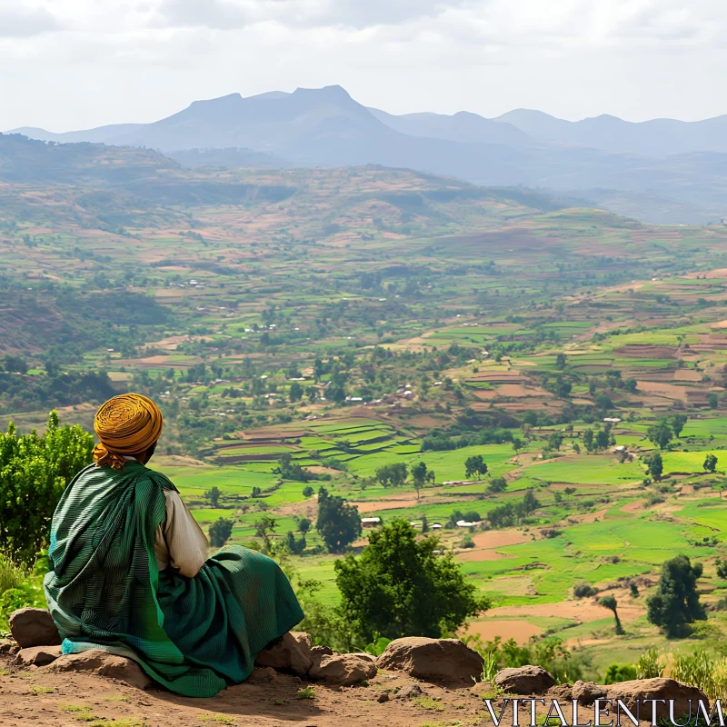 Contemplative View of Green Terraces and Mountains AI Image