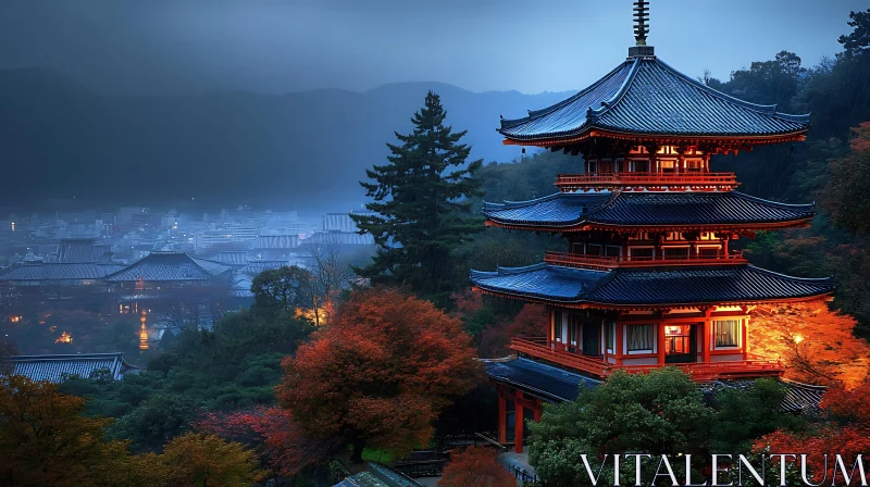 Serene Pagoda in Autumnal Setting AI Image