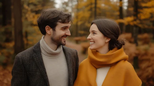 Autumnal Romance: A Couple's Loving Gaze in the Woods