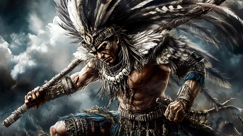 Tribal Warrior with Spear and Feathers