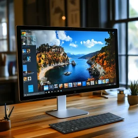 Elegant Technology Workspace with Scenic Monitor Display