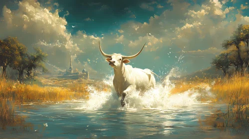 Charging Bull in Scenic Landscape